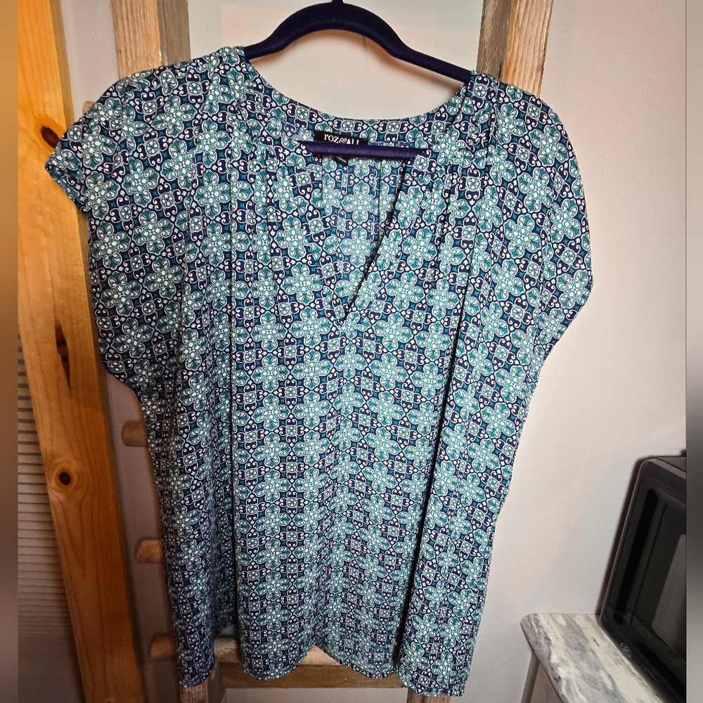 Roz & Ali Blue Patterned Short Sleeve Blouse XL EUC